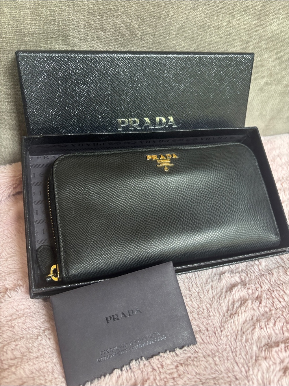 Prada Black Saffiano Zip-Around Leather Wallet with Gold Logo